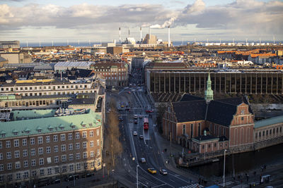 High angle view of street amidst buildings in city