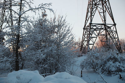 Bare trees on snow covered field against sky