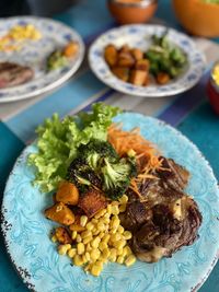 High angle view of food in plate on table