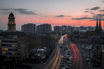 High angle view of cityscape against sky during sunset