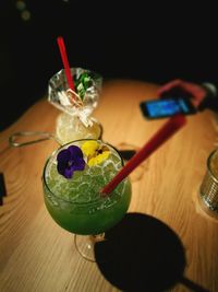 Close-up of drink served on table