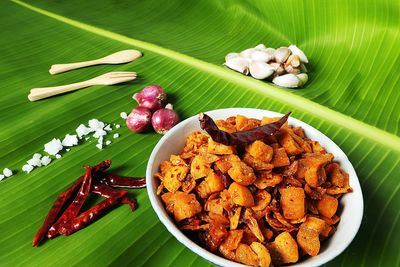 High angle view of various vegetables on table