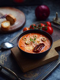 High angle view of soup in bowl on table