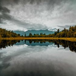 Reflection of trees in lake against sky