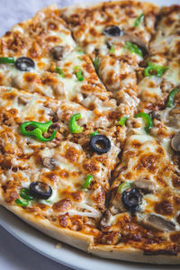 Pizza with meat, green peppers, mozzarella cheese, mushrooms and black olives.