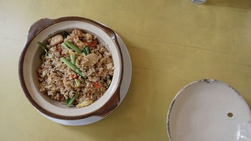 High angle view of food in bowl on table