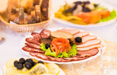 Close-up of fruit salad in plate on table