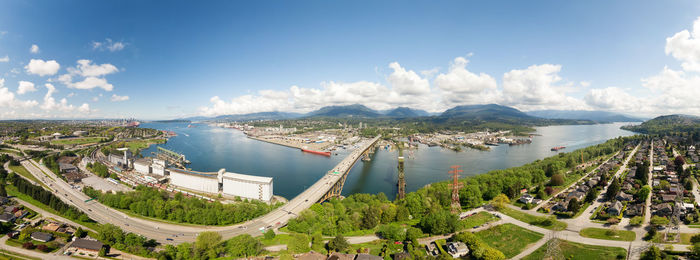 Panoramic view of bay against sky