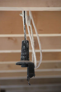 Close-up of clothes hanging on wood