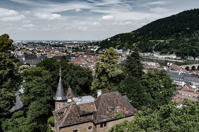 Panoramic view of trees and cityscape against sky