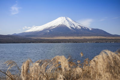 Scenic view of snowcapped mountains by lake against sky