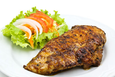 High angle view of meat on plate