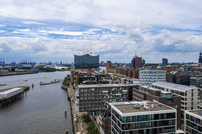 High angle view of buildings against cloudy sky