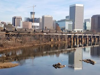 Scenic view of river by city against sky