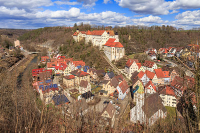 High angle view of townscape against sky