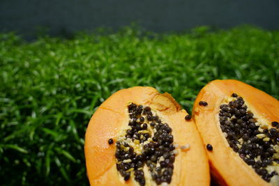 Close-up of orange fruit on field