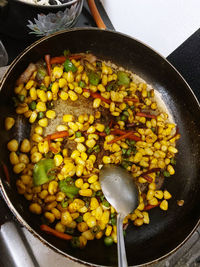 High angle view of vegetables in cooking pan