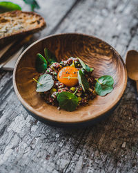 High angle view of food in plate on table