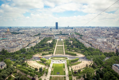 High angle view of buildings in city against sky