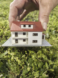 Midsection of person holding plant against building