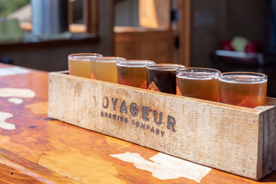 Close-up of beer glass on table