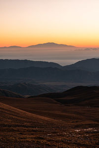 Scenic view of landscape against clear sky during sunset