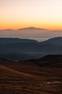 Scenic view of landscape against clear sky during sunset