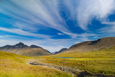 A beautiful summer landscape of sarek national park with river. wild scenery of northern europe.