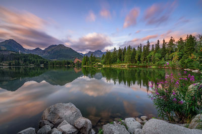 Scenic view of lake against sky during sunset