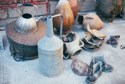 Close-up of antique objects at market