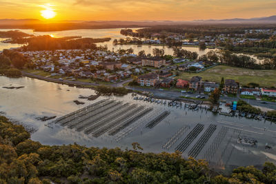 High angle view of townscape against sky during sunset