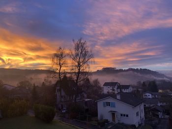 Houses and trees against sky during sunset