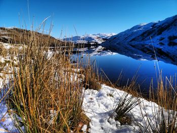 Scenic view of frozen lake against sky during winter