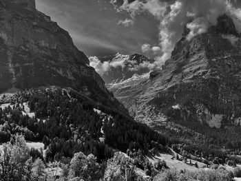 Scenic view of mountains against sky black and white