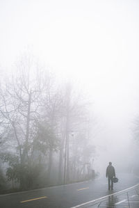 Rear view of man standing on road during foggy weather