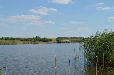 View of calm lake against blue sky