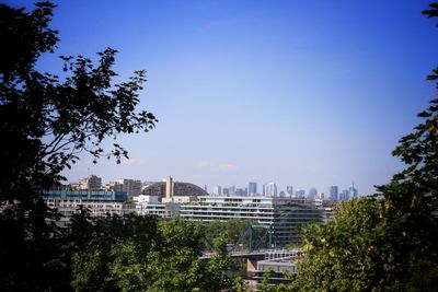 Trees and buildings against clear blue sky