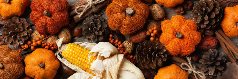 Autumn fall thanksgiving day composition with decorative pumpkins. flat lay, banner