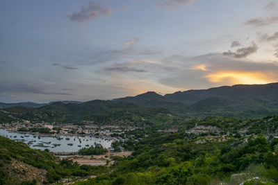 High angle view of townscape against sky during sunset