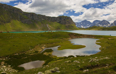 Scenic view of lake and mountains against sky