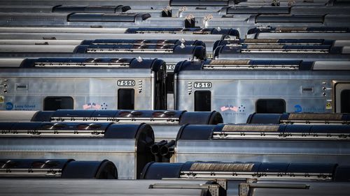 High angle view of train at railroad station