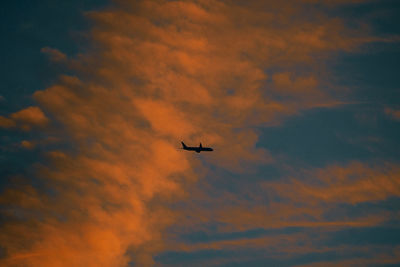 Low angle view of silhouette airplane against sky during sunset