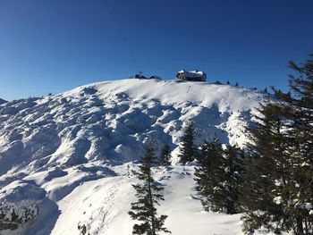 Low angle view of snowcapped mountain against clear sky