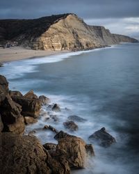 Scenic view of sea and rocks against sky