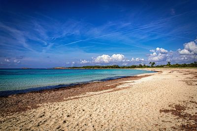 Scenic view of beach against blue sky