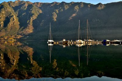 Scenic view of lake by mountain against sky