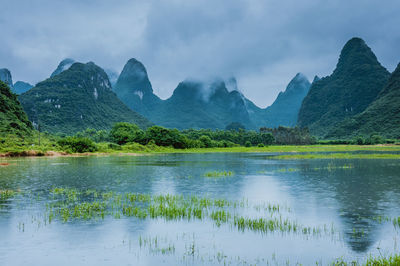 Scenic view of lake and mountains against sky