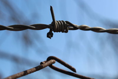 Low angle view of barbed wire against sky