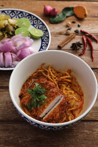 High angle view of food in bowl on table