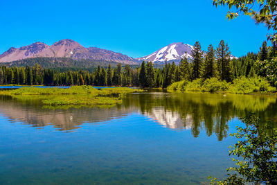 Scenic view of lake and mountains against blue sky